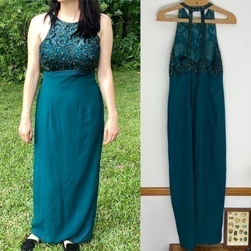Vintage Alyce Designs teal beaded gown